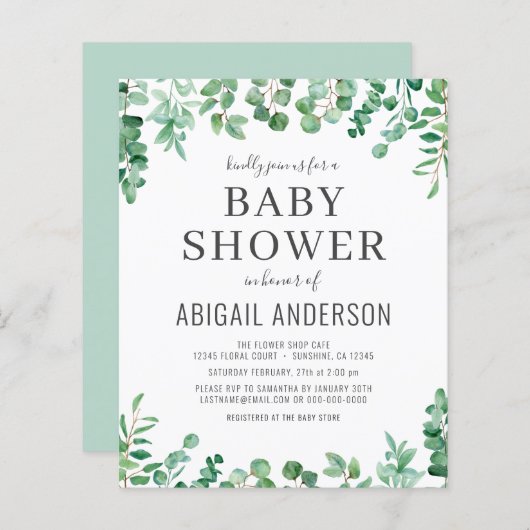 バジェットユーカリプスグリーンリーベビーシャワー招待状 (正面/裏面)