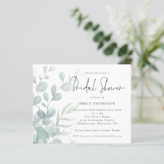 バジェットユーカリプタスパウダーブルーブライダルシャワー招待状 (スタンド正面)