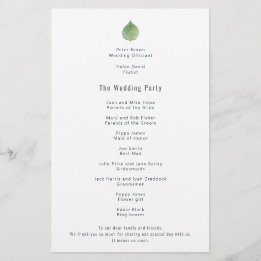 バジェットユーカリプタスリーフスクリプト結婚式 プログラム (裏面)