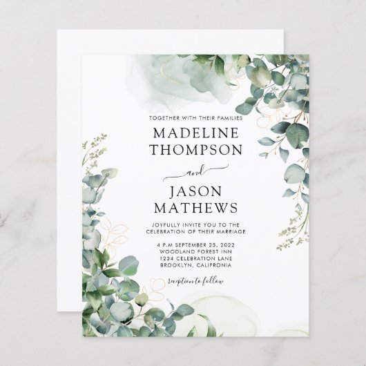 バジェットユーカリプタス金ゴールドグリーン結婚式招待状 (正面/裏面)