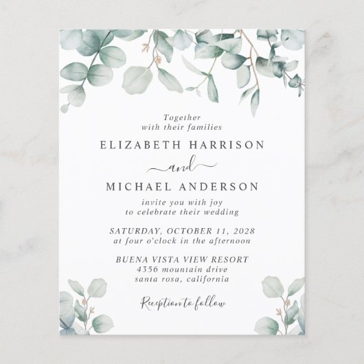 バジェットユーカリプトゥスウォーターカラー結婚式招待状 (正面)