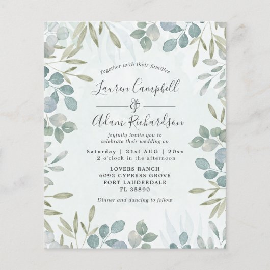 バジェットユーカリプトゥスウォーターカラー結婚式招待状 (正面)