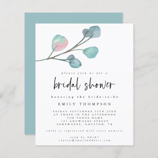 バジェットユーカリプトゥスエレガントブライダルシャワー招待状 (正面/裏面)