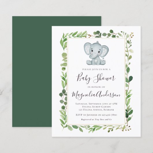 バジェットユーカリプトゥスエレファントベビーシャワー招待状 (正面/裏面)