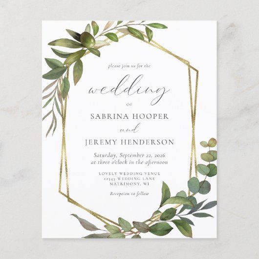 バジェットユーカリプトゥスオリーブ金ゴールドジオウェディング招待 (正面)
