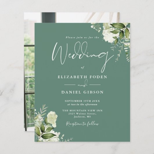 バジェットユーカリプトゥスグリーンフォト結婚式招待状 (正面/裏面)