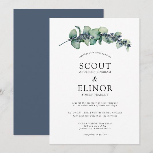 バジェットユーカリプトゥスグリーンリーエレガントな結婚式 招待状 (正面/裏面)