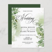 バジェットユーカリプトゥスグリーンリー金ゴールド結婚式招待状 (正面/裏面)