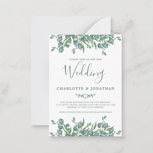 バジェットユーカリプトゥスグリーンQRコード結婚式招待状 ノートカード (正面)
