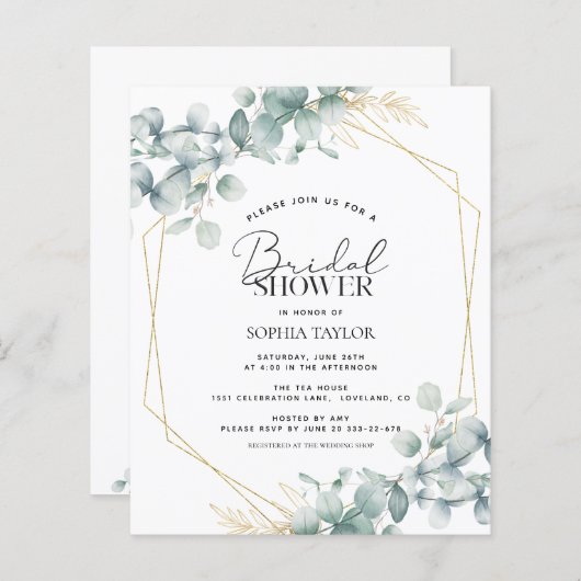 バジェットユーカリプトゥスセージブライダルシャワー招待 (正面/裏面)