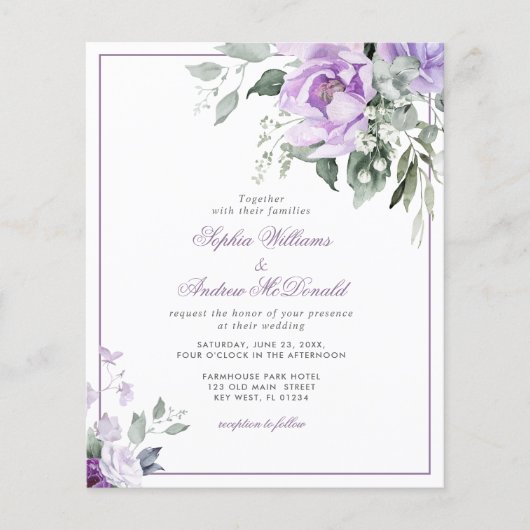 バジェットユーカリプトゥスバイオレットフラワー結婚式招待状 (正面)