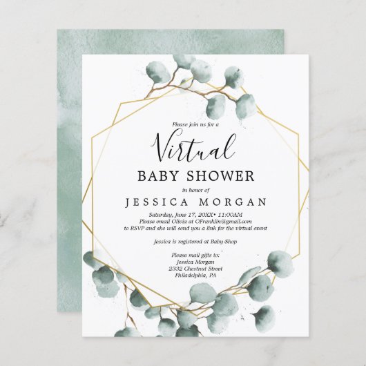 バジェットユーカリプトゥスバーチャルベビーシャワー招待状 (正面/裏面)