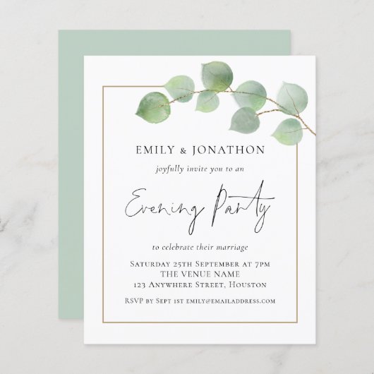 バジェットユーカリ結婚プスの夕べパーティー招待状 (正面/裏面)