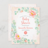バジェットユーカリ葉フローラピーチベビーシャワー インビテーションポストカード (正面/裏面)