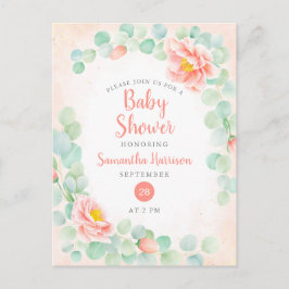 バジェットユーカリ葉フローラピーチベビーシャワー インビテーションポストカード