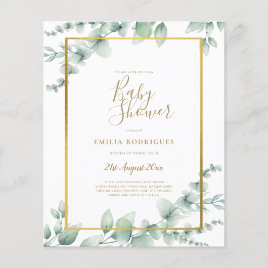 バジェットユーカリ赤ちゃんシャワー金ゴールドQRコード招待状 チラシ (正面)