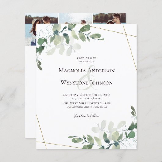 バジェットユーカリ金ゴールド写真結婚式招待状 (正面/裏面)