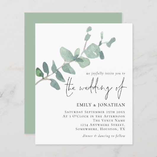 バジェットユーカリ離れススクリプト結婚式招待状 (正面/裏面)