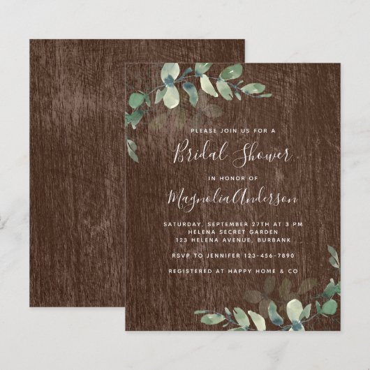 バジェットユ素朴ーカリプトゥスブライダルシャワー招待 (正面/裏面)