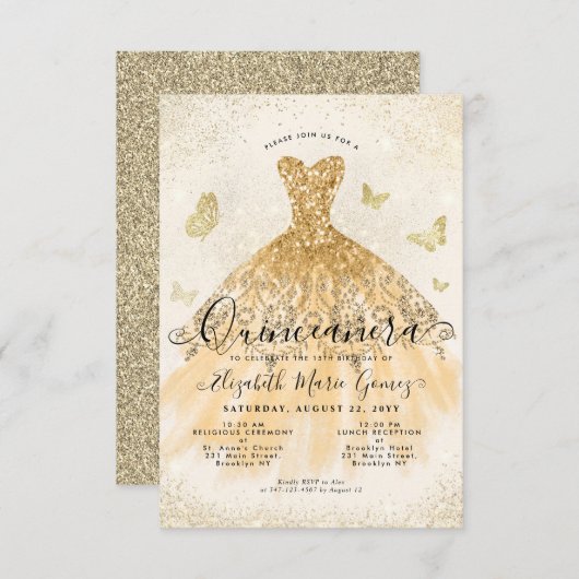 バジェットライトイエロー金ゴールドグリッターガウンキンセアニェラ ノートカード (正面/裏面)