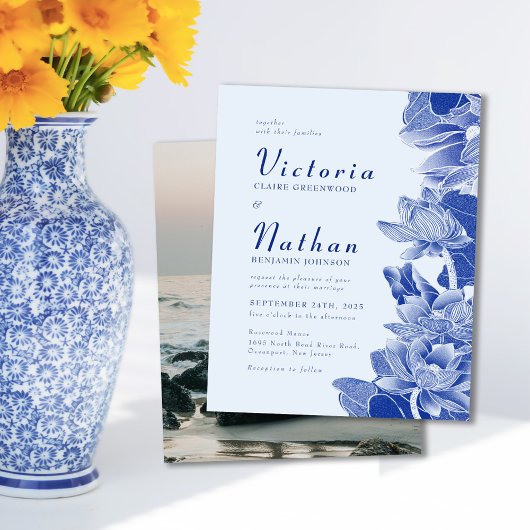 バジェットライトブルーフォトフローラ結婚式の招待