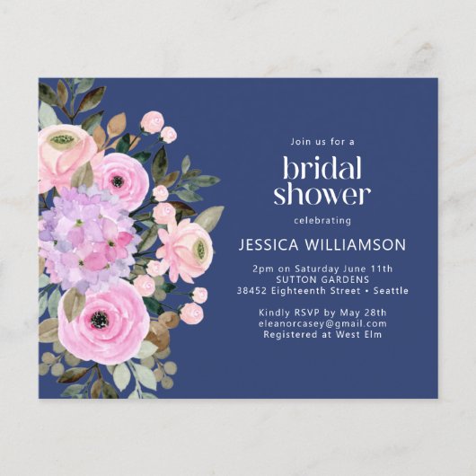 バジェットラベンダーブルーフローラブライダルシャワー招待状 (正面)