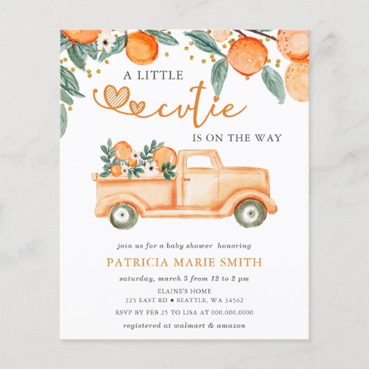 バジェットリトルかわいこちゃんオレンジベビーシャワー招待状 (正面)