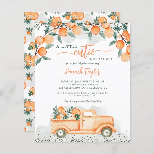 バジェットリトルかわいこちゃんオンザウェイベビーシャワー招待状 (正面/裏面)