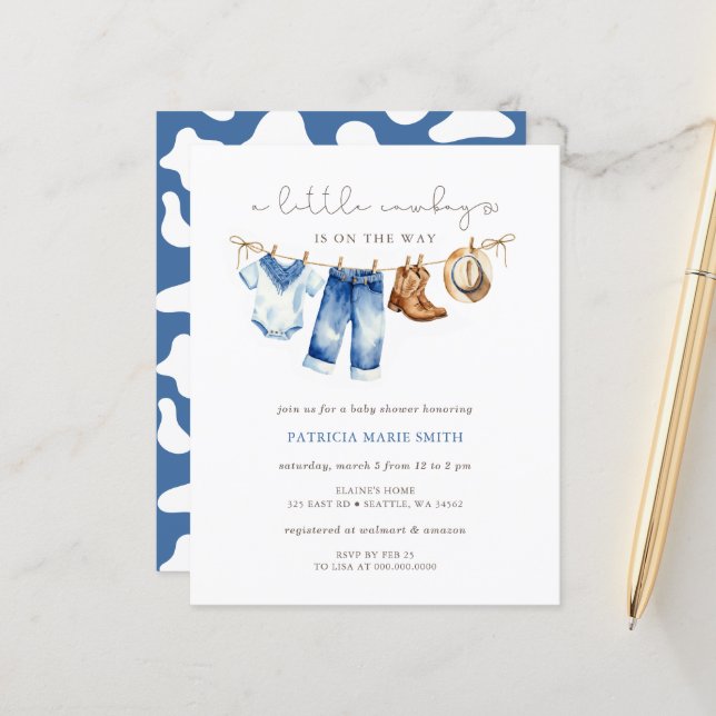バジェットリトルカウボーイベビーシャワー招待状 (正面/裏面インサイチュ)
