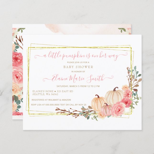 バジェットリトルカンプキンベビーシャワー招待状 (正面/裏面)