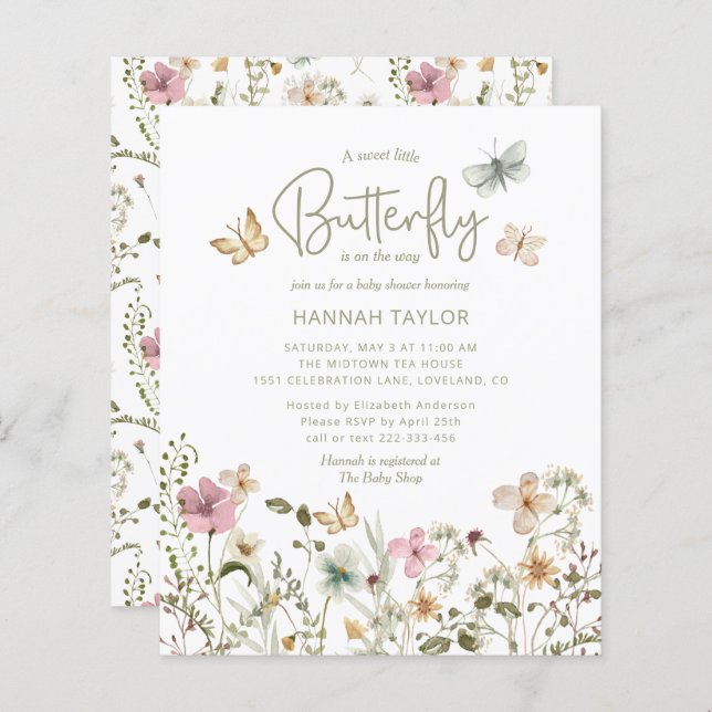 バジェットリトルバタフライガールベビーシャワー招待状 (正面/裏面)