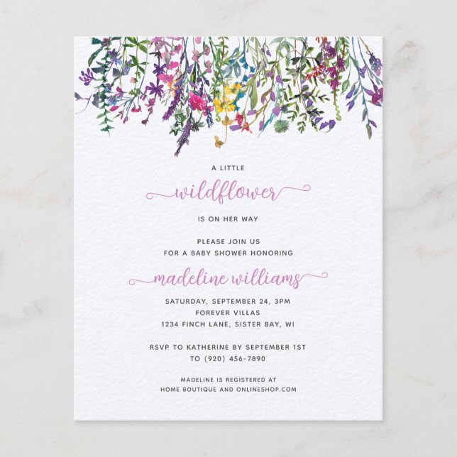 バジェットリトルワイルドフラワーベビーシャワー招待状 (正面)