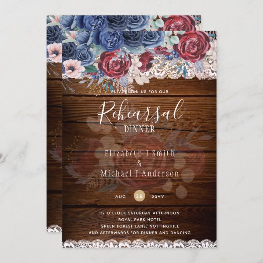 バジェットリハーサルディナーバーガンディーブルーフローラレース 招待状 (正面/裏面)