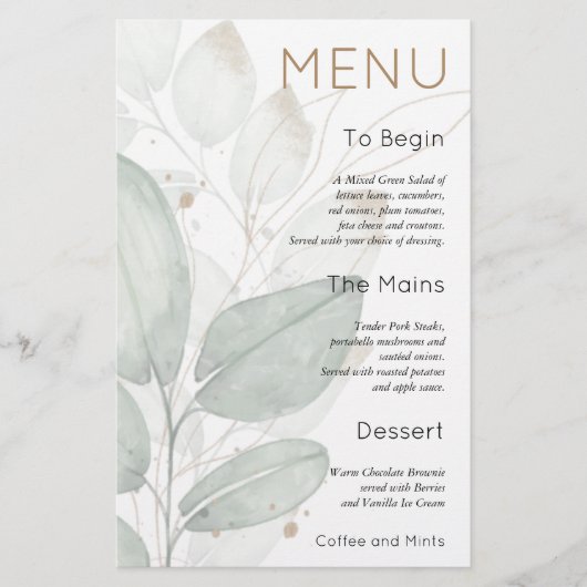 バジェットリーフ水彩セージ結婚のメニュー (正面)