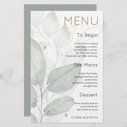 バジェットリーフ水彩セージ結婚のメニュー (正面/裏面)