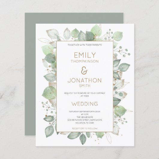 バジェットリーフ縁ど金ゴールドセージ結婚式招待状 (正面/裏面)