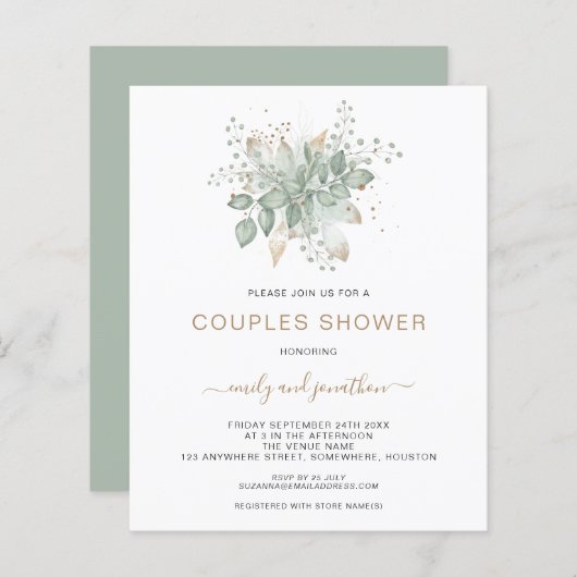 バジェットリーフ金ゴールドセージのカップルのシャワー招待状 (正面/裏面)