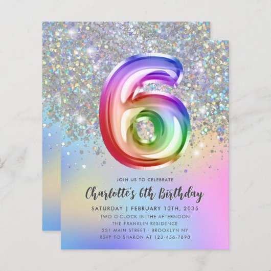 バジェットレインボーグリッターフォイルバルーン6th誕生日 (正面/裏面)