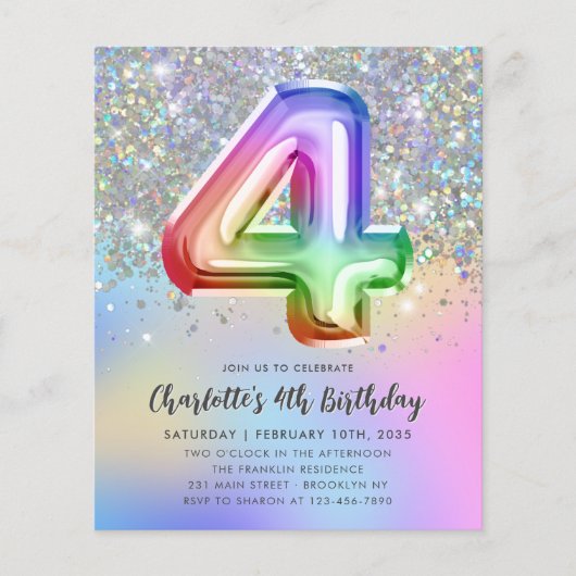 バジェットレインボーグリッターホイルバルーン4th誕生日 (正面)