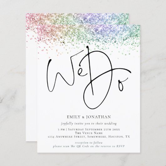 バジェットレインボーグリッター我々はQR結婚式の招待をする (正面/裏面)