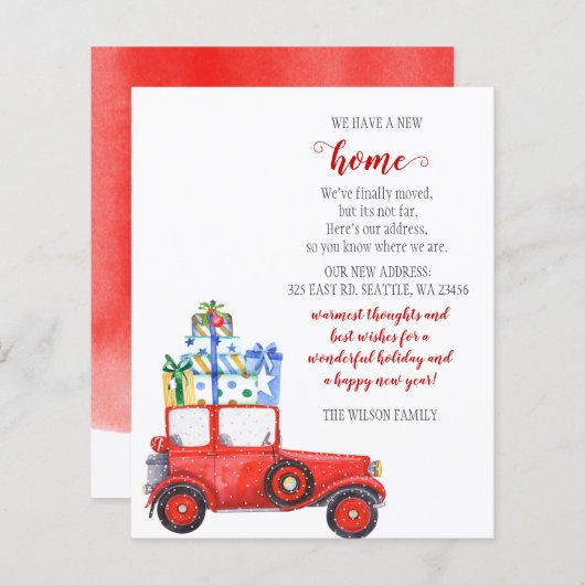バジェットレッドクリスマスカー引っ越しましたホリデーカード (正面/裏面)