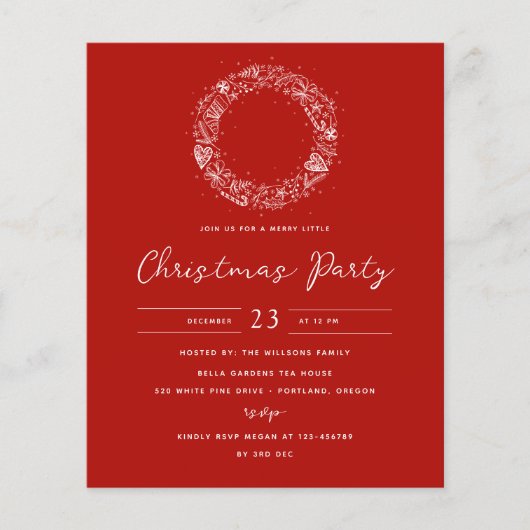 バジェットレッドクリスマスホリデーパーティー招待状 チラシ (正面)