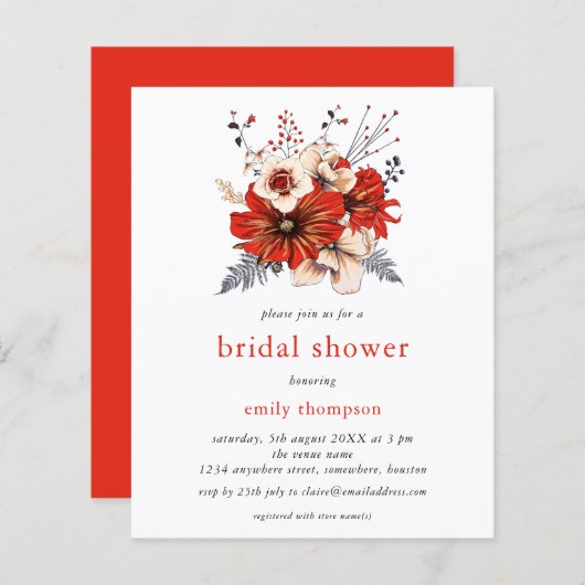 バジェットレッドクリーム花模様ブライダルシャワー招待 (正面/裏面)