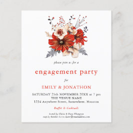 バジェットレッドクリーム花模様婚約パーティ招待状