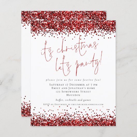 バジェットレッドグリッターザクリスマスレットパーティー招待状 (正面/裏面)