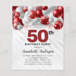 バジェットレッドシルバーバルーングリッター50誕生日<br><div class="desc">グラムモダンブルゴーニュ赤い銀のバルーングリッター輝く任意の年齢の誕生日招待状</div>