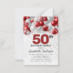 バジェットレッドシルバーバルーングリッター50誕生日 ノートカード<br><div class="desc">グラムモダンブルゴーニュ赤い銀のバルーングリッター輝く任意の年齢の誕生日招待状</div>
