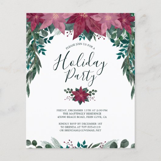 バジェットレッドピンクポインセティアスホリデーパーティー招待状 (正面)