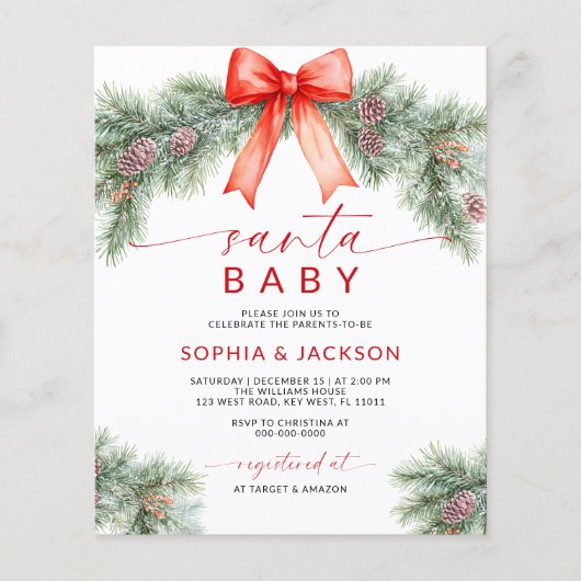 バジェットレッドボウクリスマスサンタベビーシャワー招待状 (正面)