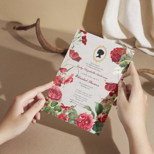 バジェットレッドローズ花模様ブリジェルトンブライダルシャワー 招待状